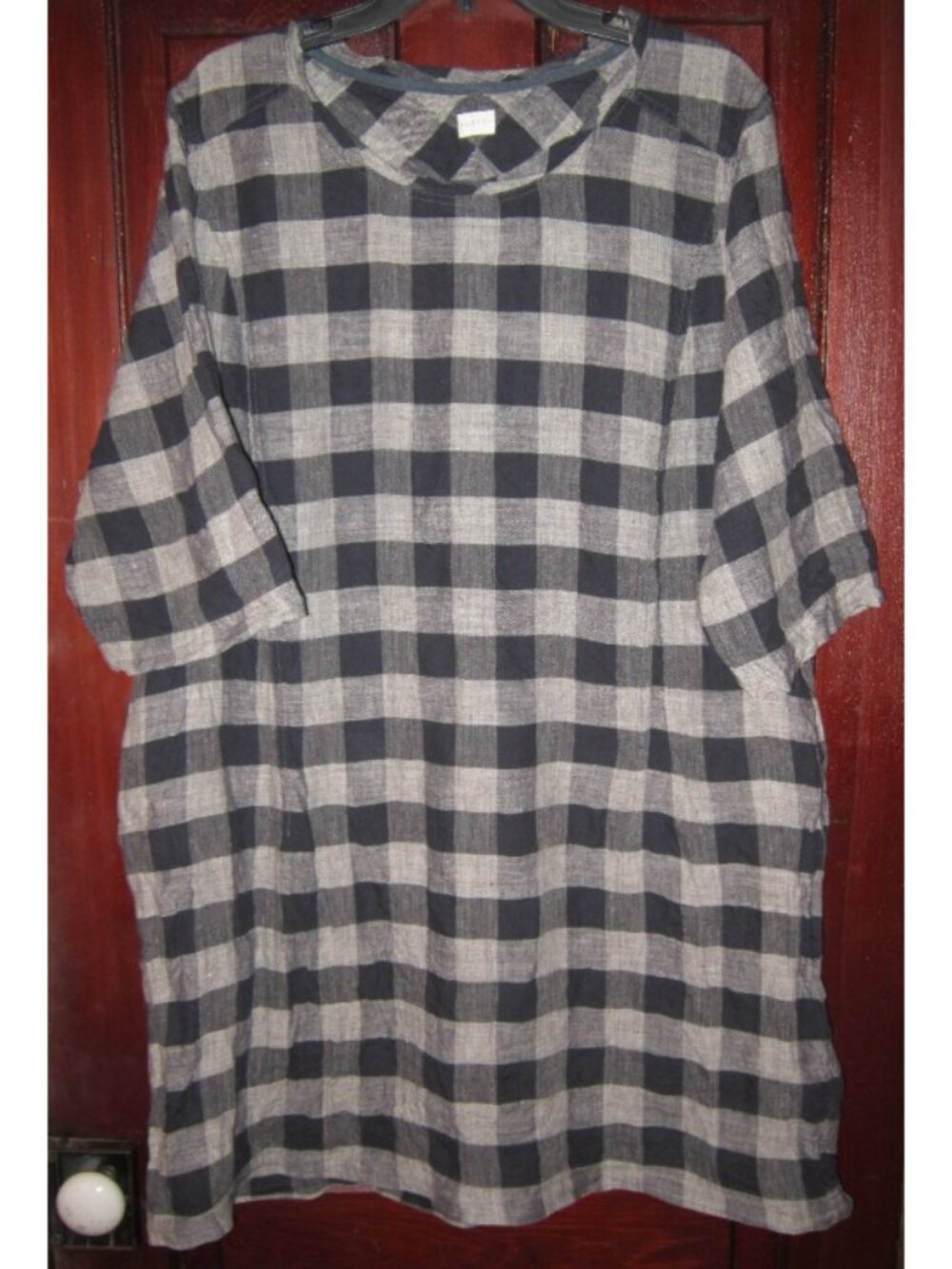 Poetry US Sz 18 100% Linen Tunic Dress Plaid Checked Pockest Popover Black Gray